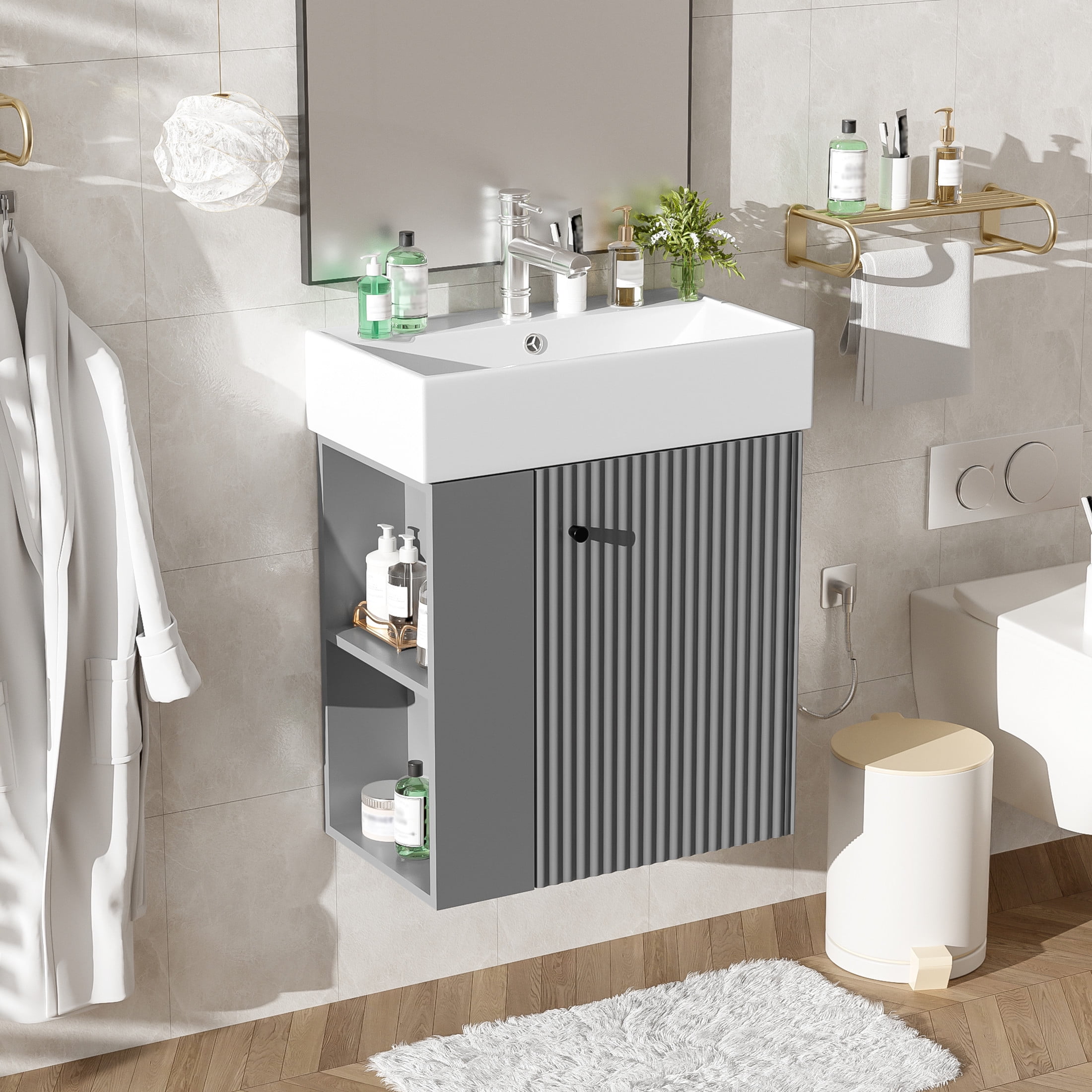 Noble House 21.6" Floating Bathroom Vanity with Ceramic Sink, Left Side Storage, Wave Door & Black Handle, Gray