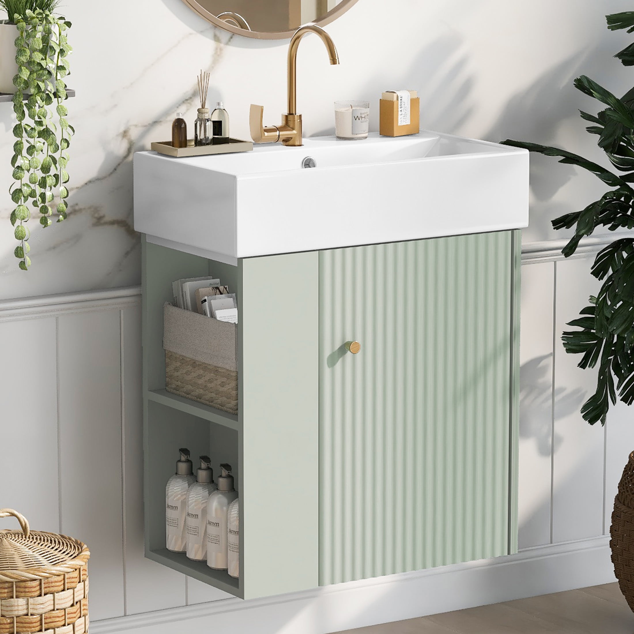 Noble House 21.6" Floating Bathroom Vanity with Ceramic Sink, Left Side Storage, Wave Door & Gold Handle, Green