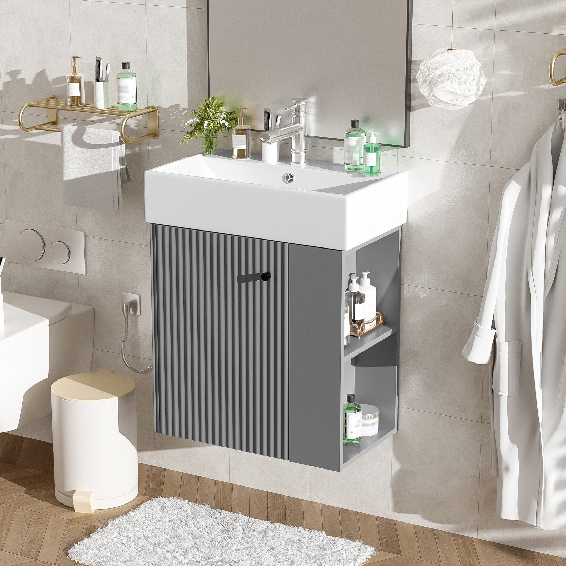 Noble House 21.6" Floating Bathroom Vanity with Ceramic Sink, Right Side Storage, Wave Door & Black Handle, Gray