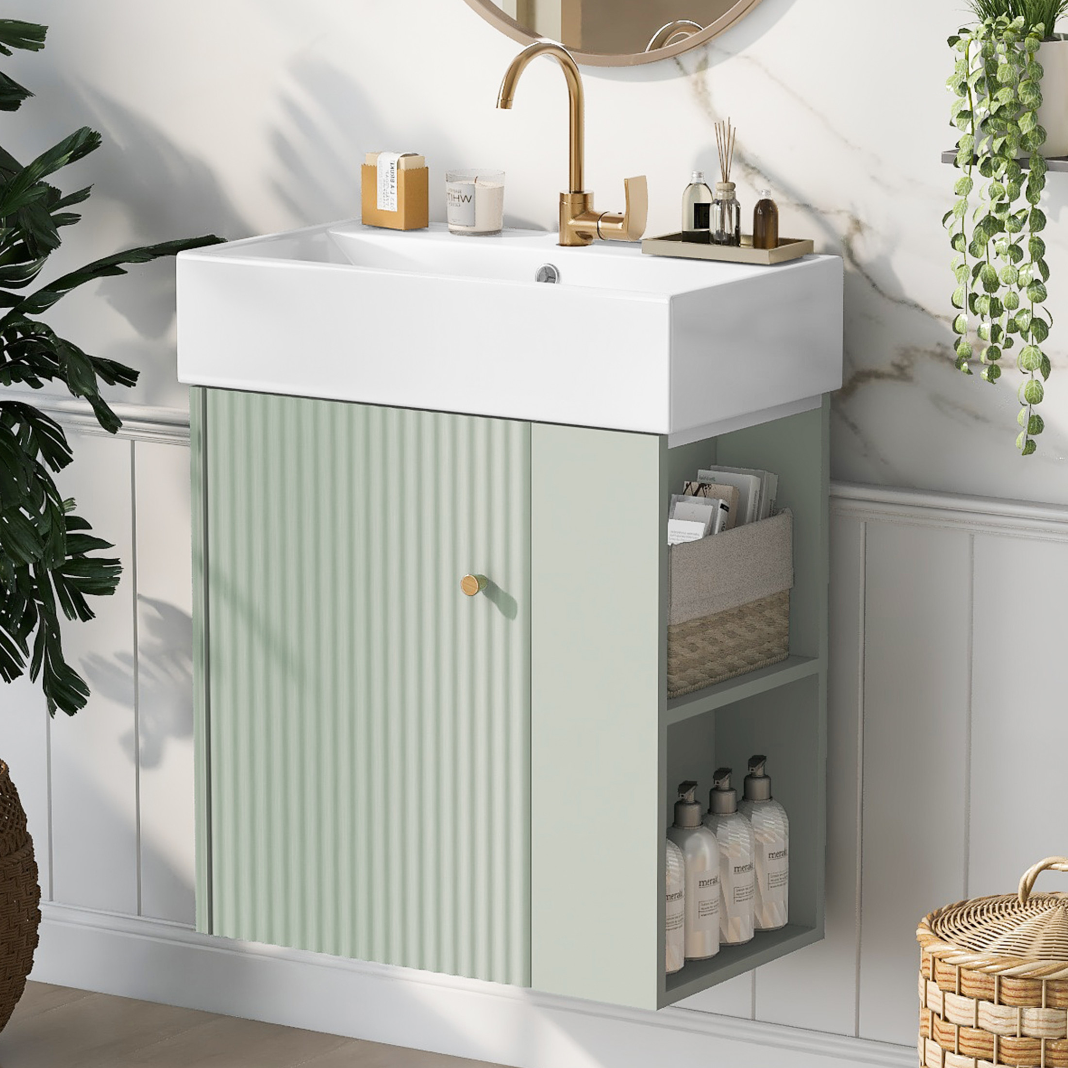Noble House 21.6" Floating Bathroom Vanity with Ceramic Sink, Right Side Storage, Wave Door & Gold Handle, Green