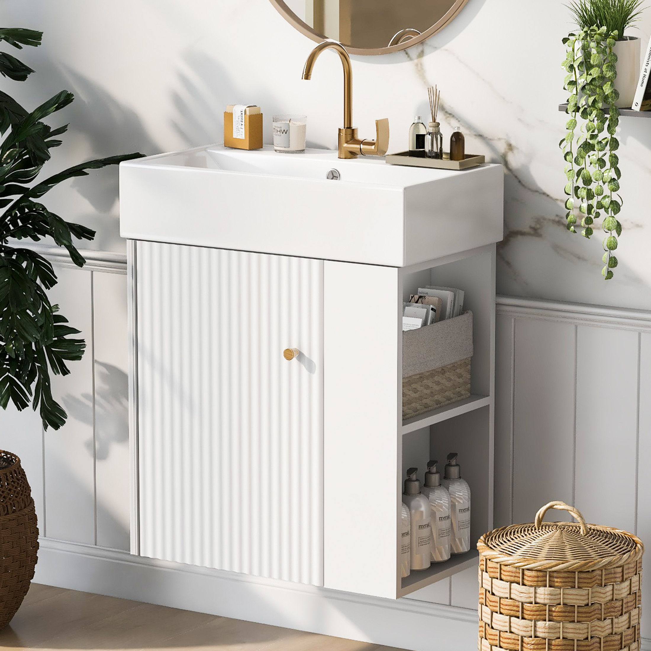 Noble House 21.6" Floating Bathroom Vanity with Ceramic Sink, Right Side Storage, Wave Door & Gold Handle, White