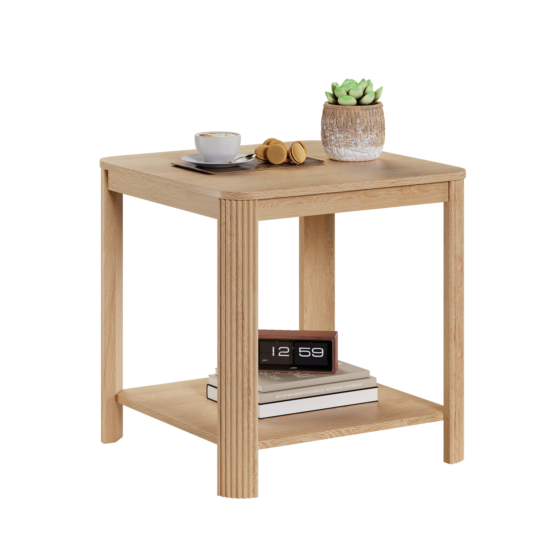 Noble House 22.1-Inch Boho End Table with 2-Tier Open Shelf, Rounded Corners, Vertical Wave Grain Legs, Oak