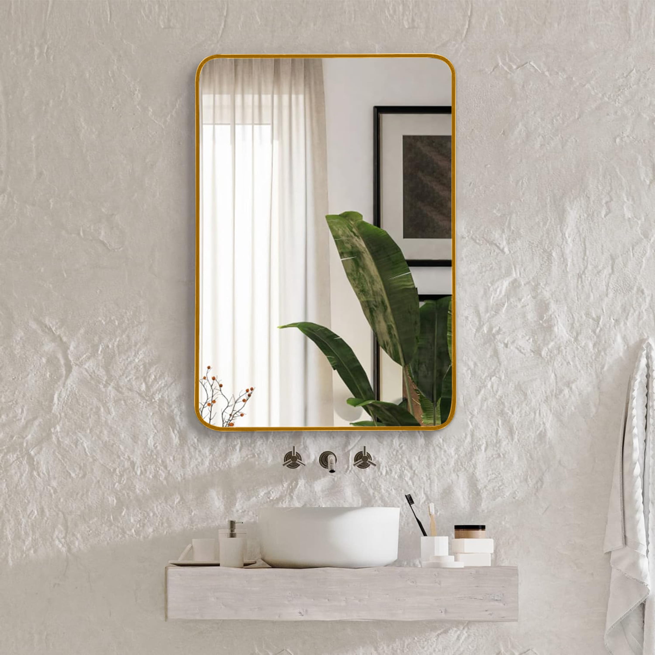 Noble House 22"x30" Rectangular Bathroom Wall Mirror, Aluminum Alloy Frame, HD Shatterproof Glass, Gold
