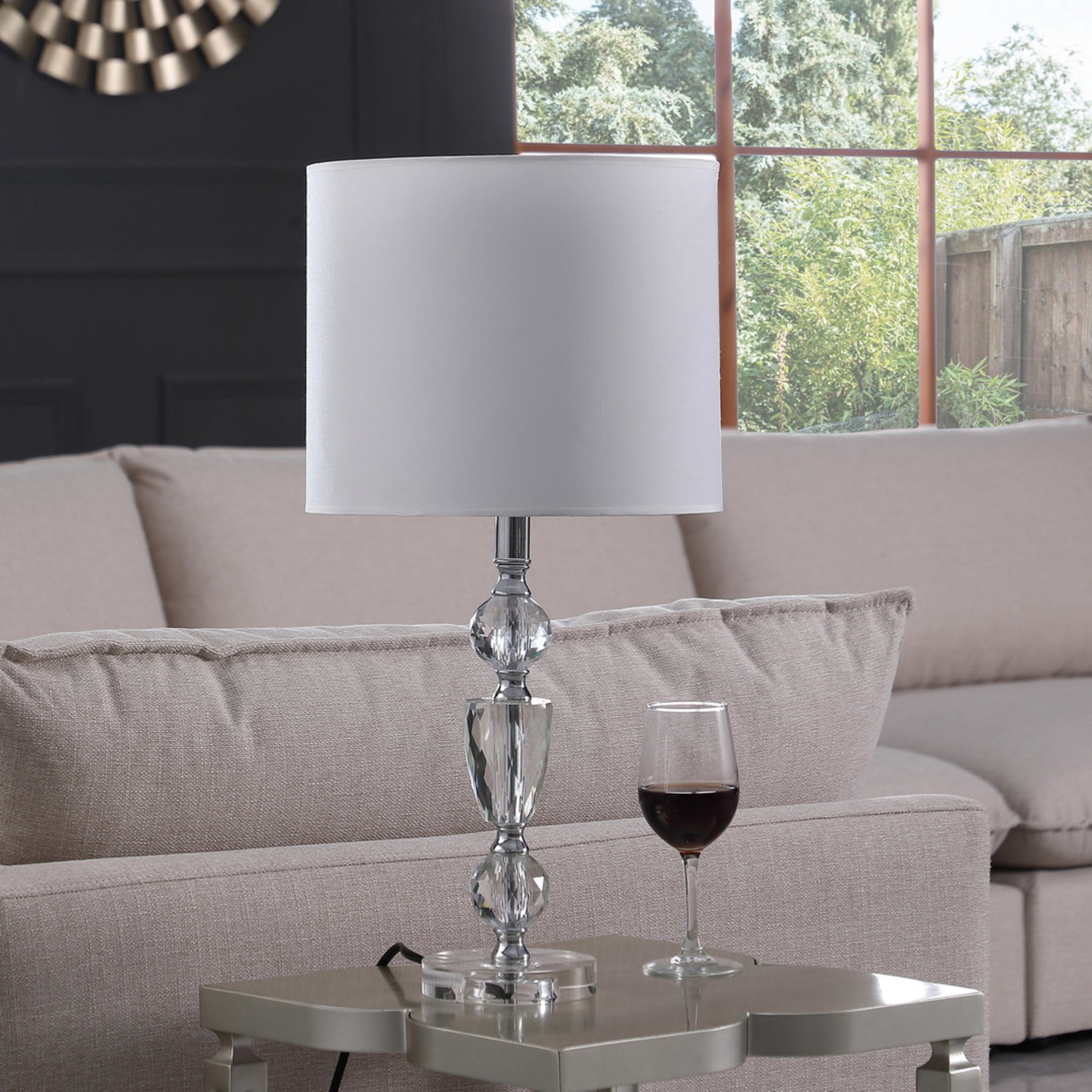 Noble House 23.5" Cale Cut-Crystal Table Lamp, Chrome Accent, White Drum Shade, E26 Bulb with Inline Switch, Clear
