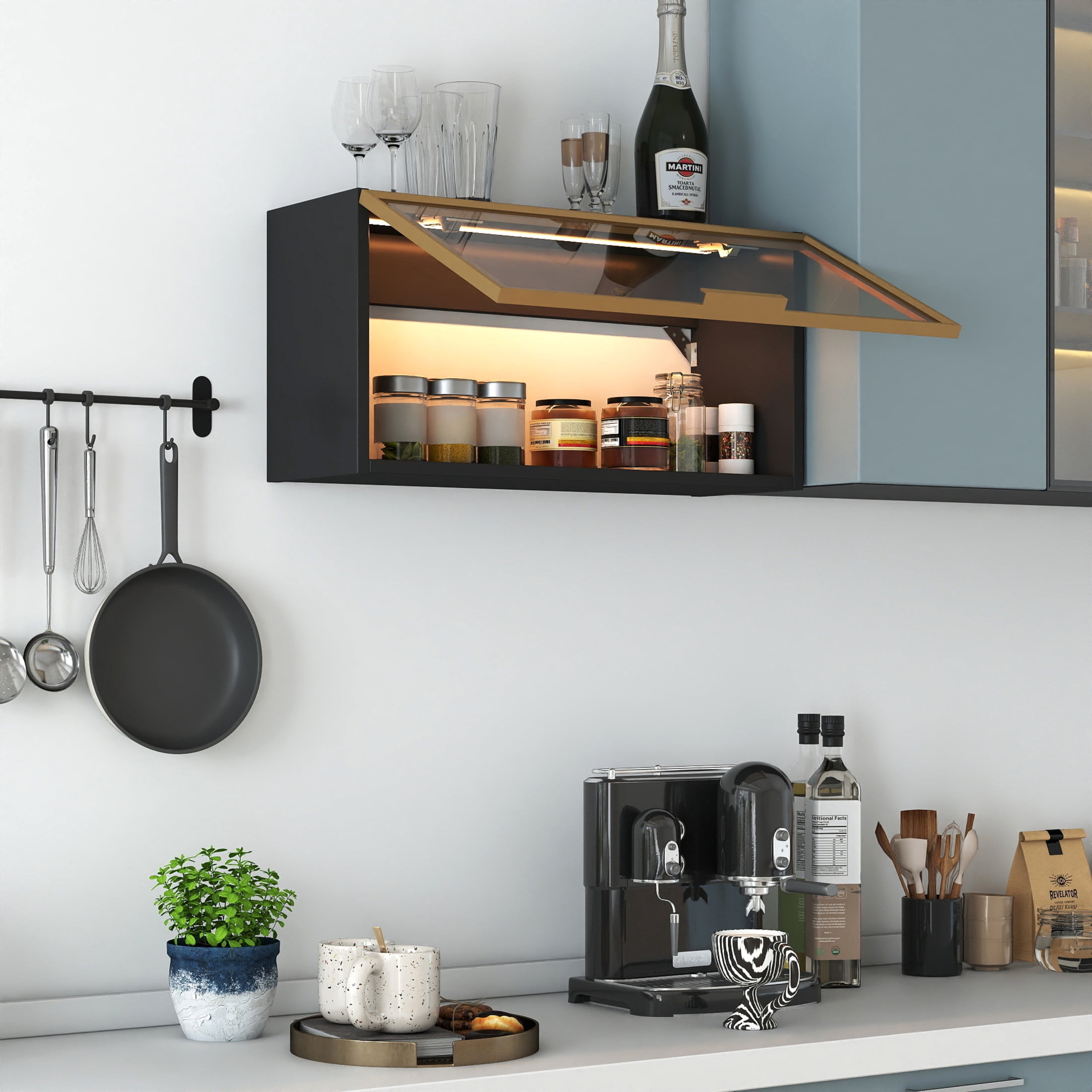 Noble House 23.6" Wall Mounted Spice Rack Storage Cabinet, Hanging Kitchen Pantry with Up-Flip Door, Black