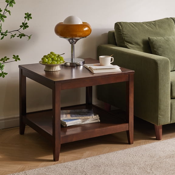 Noble House 23.62" Square End Table with 2-Tier Storage Shelf, Side Table for Living Room or Bedroom, Walnut