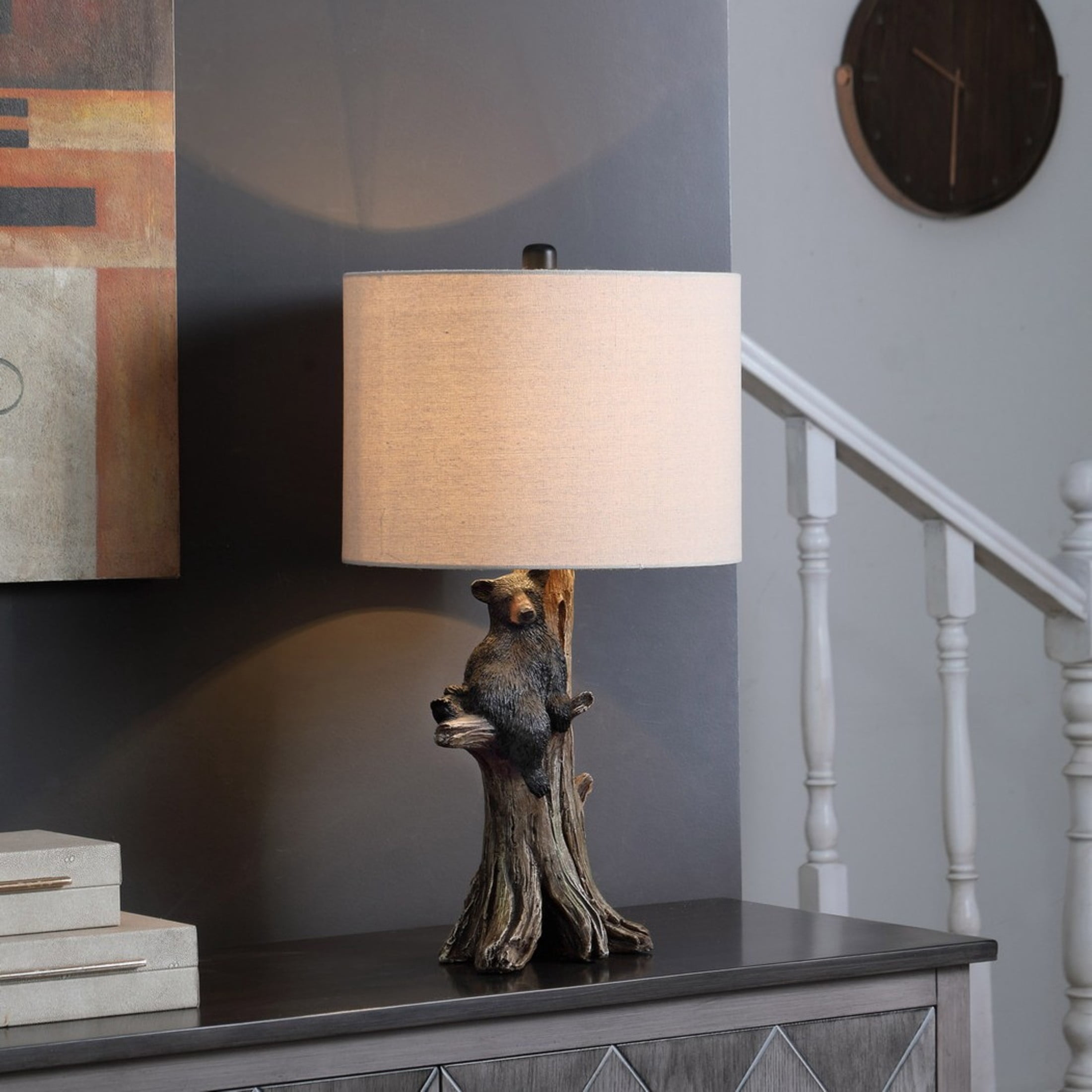 Noble House 24.75" Black Bear on Tree Table Lamp, Polyresin Figurine, Beige Drum Shade, E26 Light Bulb, Multicolor