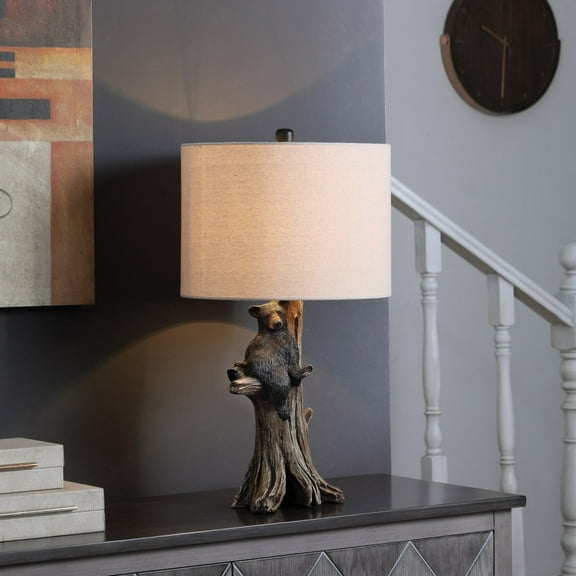Noble House 24.75" Black Bear on Tree Table Lamp, Polyresin Figurine, Beige Drum Shade, E26 Light Bulb, Multicolor