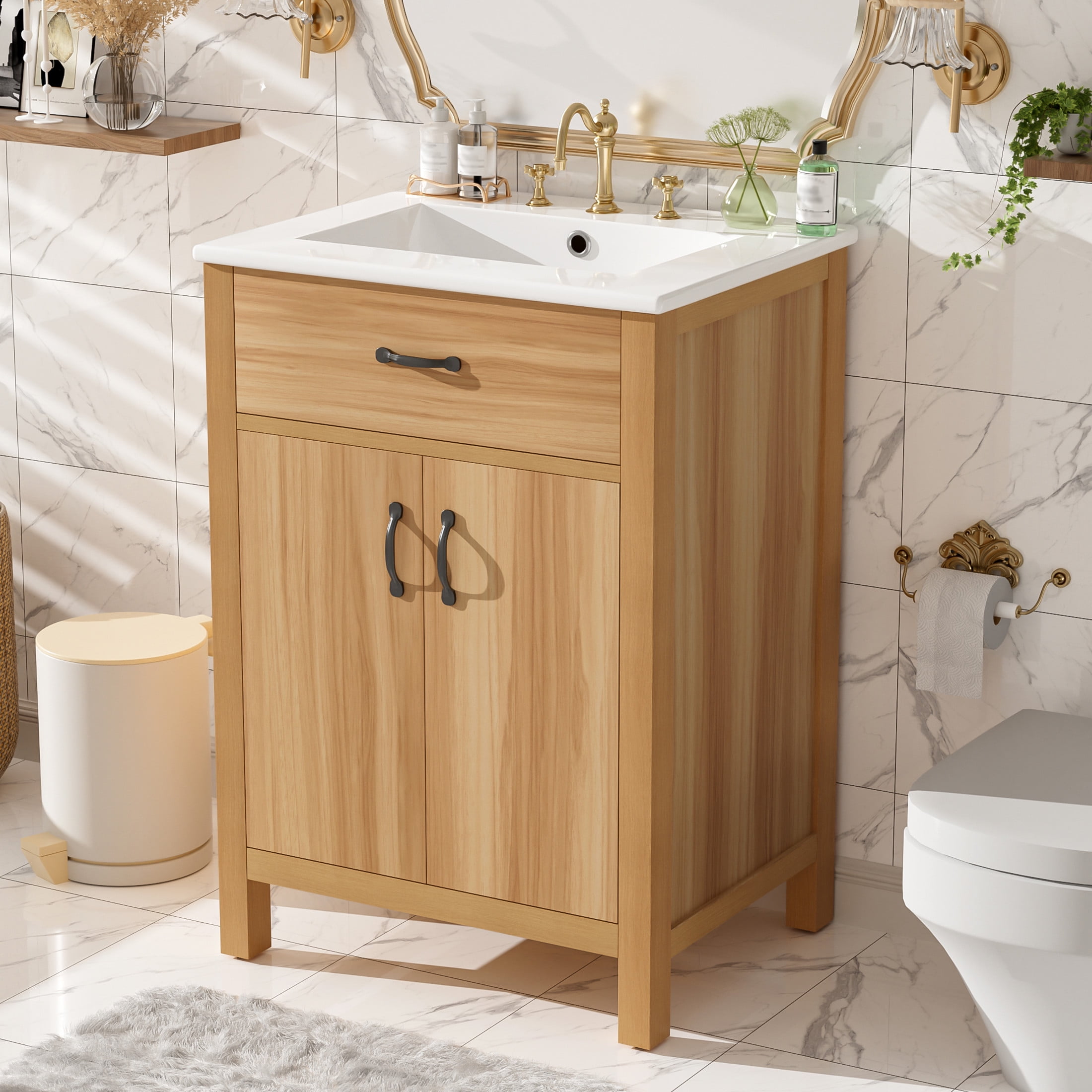 Noble House 24" Bathroom Vanity with Ceramic Sink, Flip Drawer, Soft Close Doors, Adjustable Shelf, Wood Finish