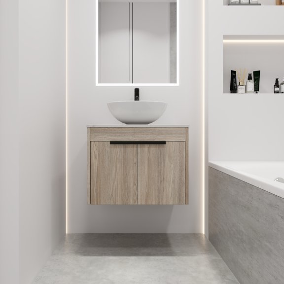 Noble House 24" Floating Bathroom Vanity, Glazed Ceramic Art Sink and Stone Slab, Soft-Close Doors, White Oak
