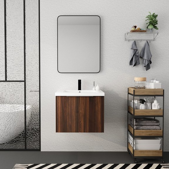 Noble House 24" Floating Bathroom Vanity, Resin Sink, Soft-Close Doors, Plywood Cabinet, Wall-Mounted, California Walnut