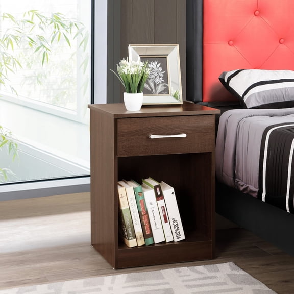 Noble House 24-Inch Nightstand, Particle Board Bedside Table with Drawer and Open Storage Shelf, Wenge Finish