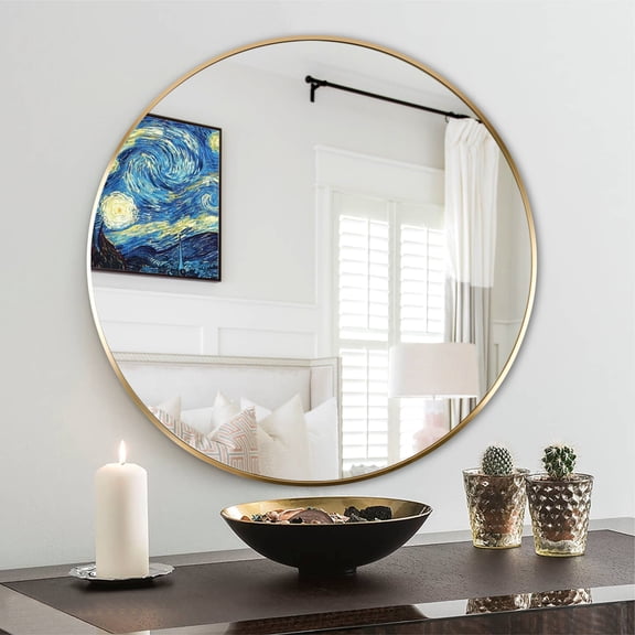 Noble House 24 Inch Round Metal Wall Mirror, Vanity Mirror for Bathroom, Bedroom & Living Room, Gold