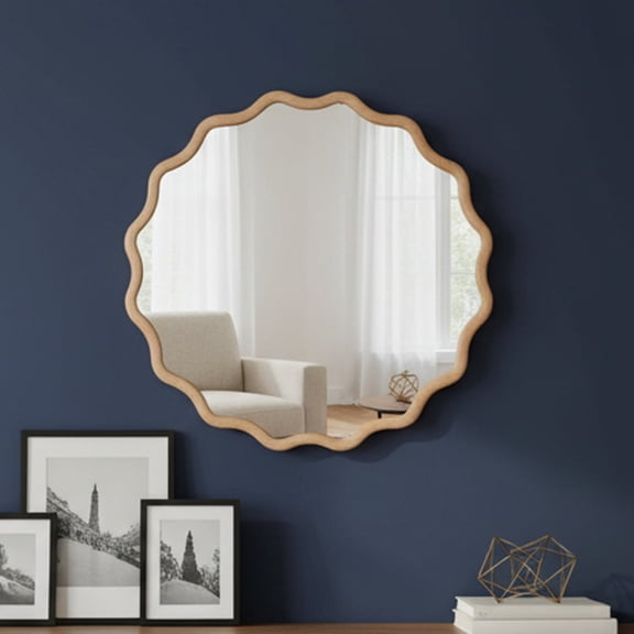 Noble House 24 Inch Wavy Round Wall Mirror, Solid Wood Decorative Vanity Mirror, Natural
