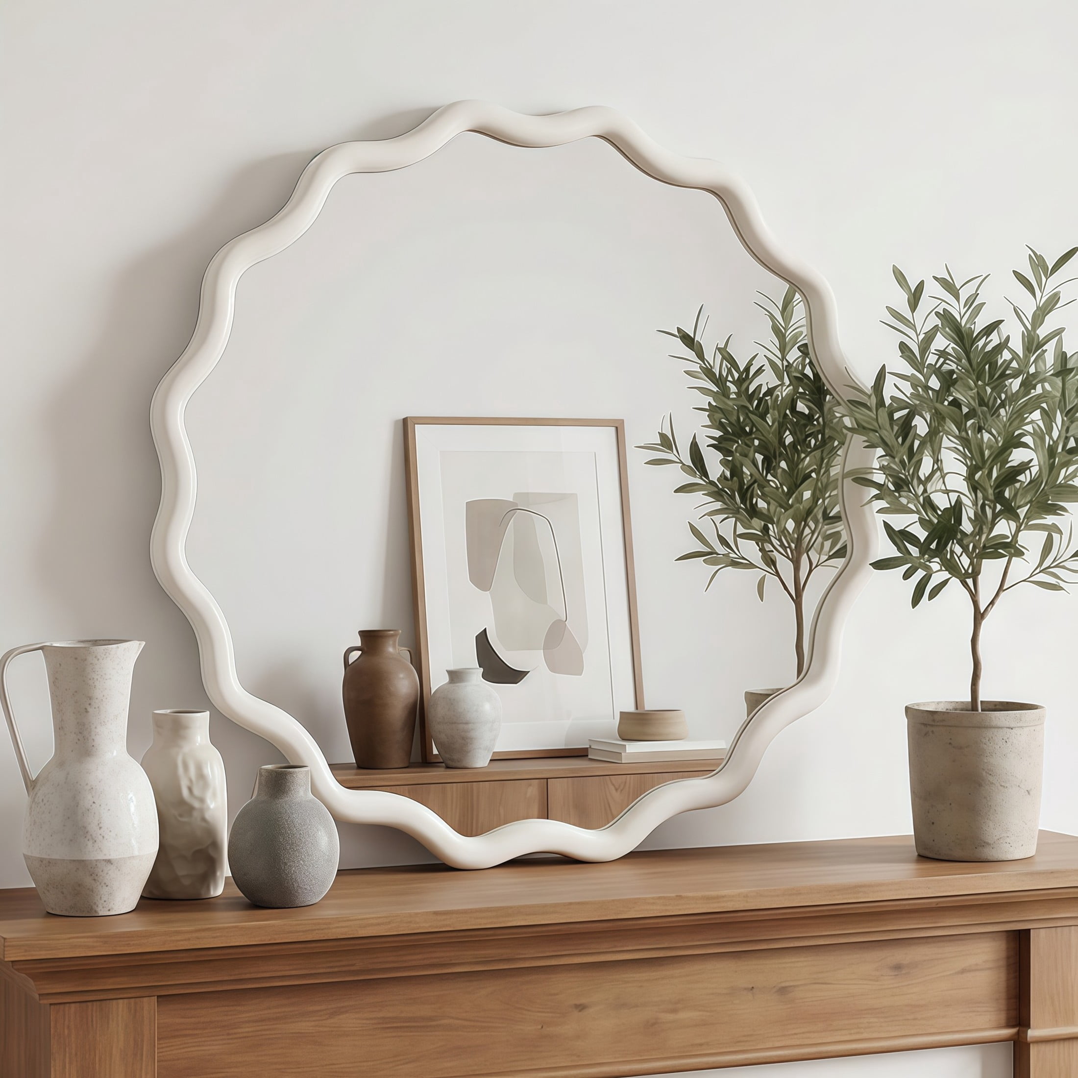 Noble House 24 Inch Wavy Round Wall Mirror, Solid Wood Decorative Vanity Mirror, White