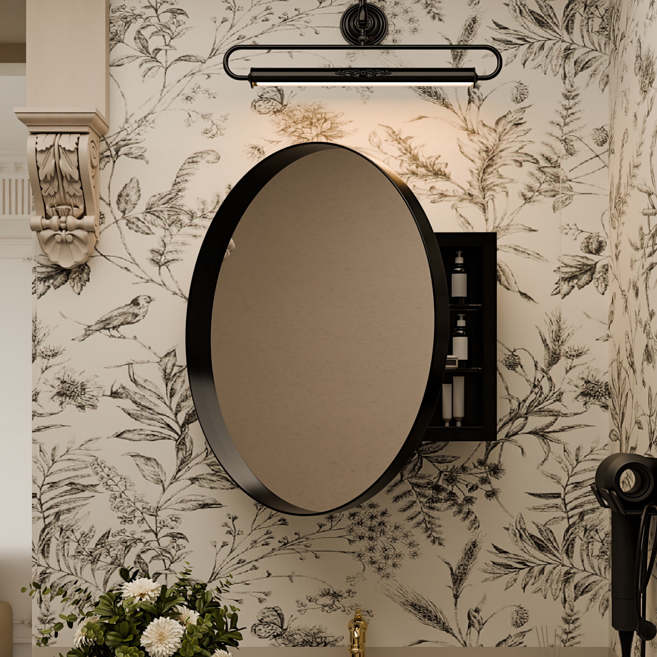 Noble House 24" Round Metal Medicine Cabinet with Mirror, Bathroom Wall Mirror with Adjustable Glass Shelves, Black