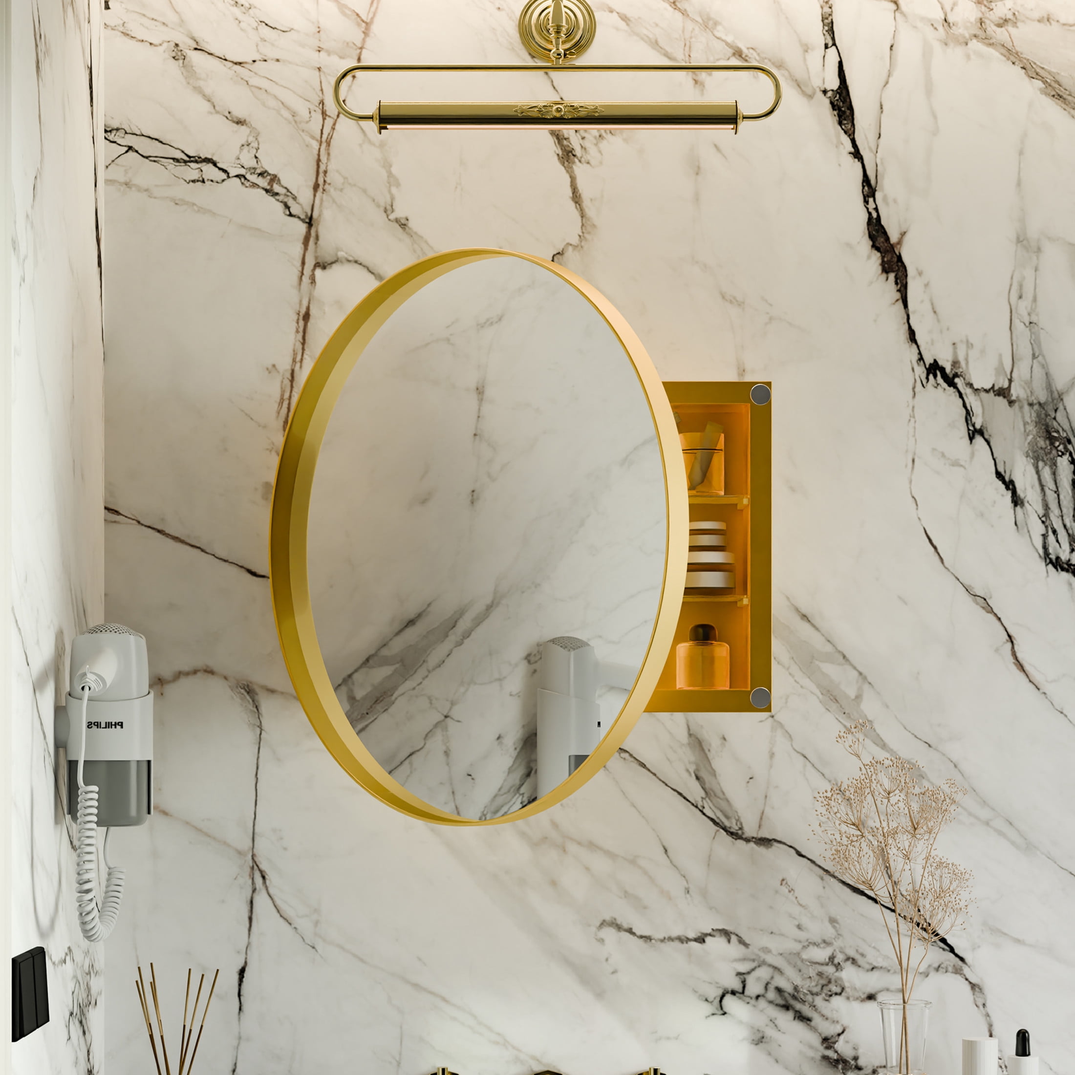 Noble House 24" Round Metal Medicine Cabinet with Mirror, Bathroom Wall Mirror with Adjustable Glass Shelves, Gold