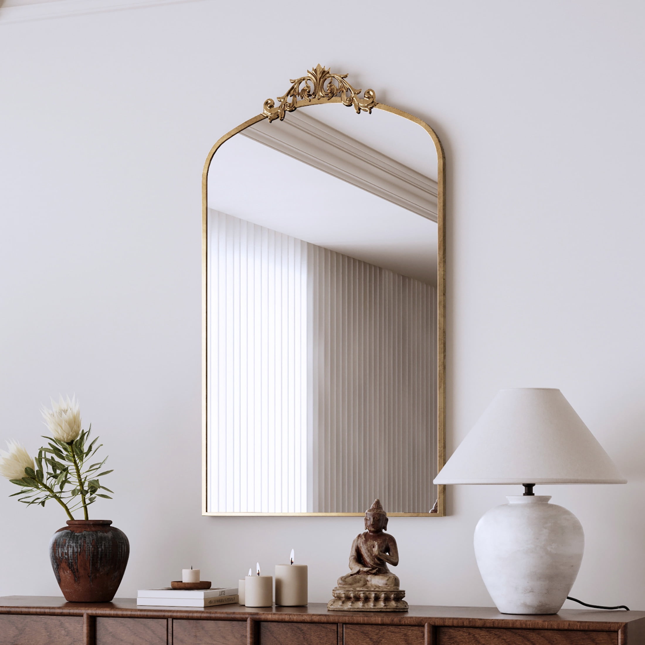 Noble House 24" Vintage Ornate Arched Wall Mirror with Metal Frame, Baroque Decorative Dressing Mirror, Antique Bronze