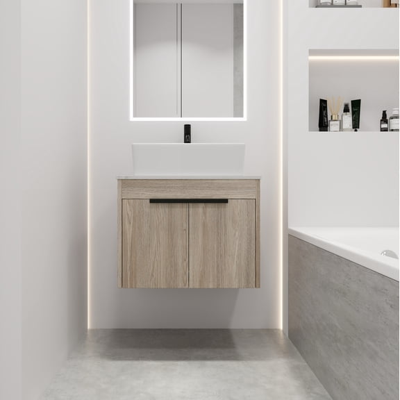 Noble House 24" Wall-Mount Vanity, Glazed Ceramic Art Basin & Stone Top, Soft-Close Door Bathroom Cabinet, White Oak