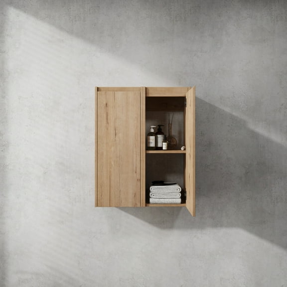 Noble House 24" Wall-Mounted Bathroom Side Cabinet, Plywood Floating Storage, Hidden Handle, Imitative Oak