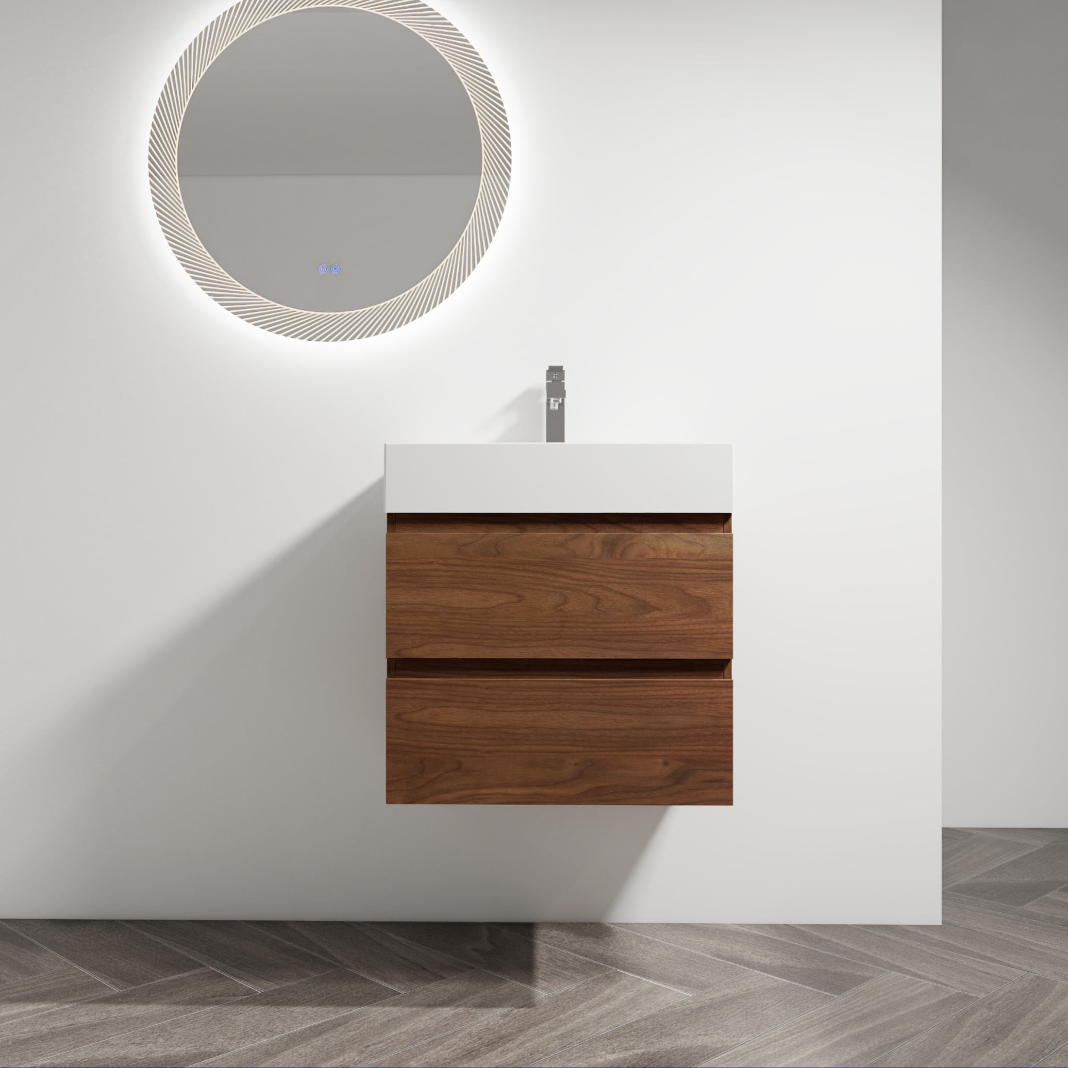 Noble House 24" Wall-Mounted Bathroom Vanity, Resin Sink, 2 Soft-Close Drawers, Wood Grain Finish, Brown Oak
