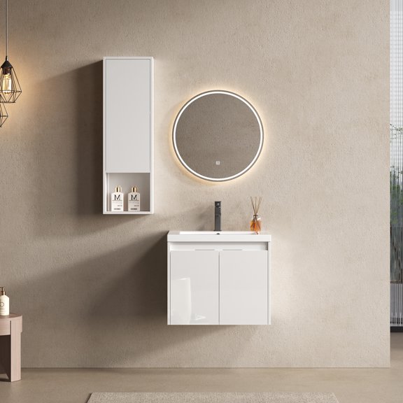 Noble House 24" Wall-Mounted Bathroom Vanity, Resin Sink, Plywood Soft-Close Doors, Wall Cabinet, Glossy White