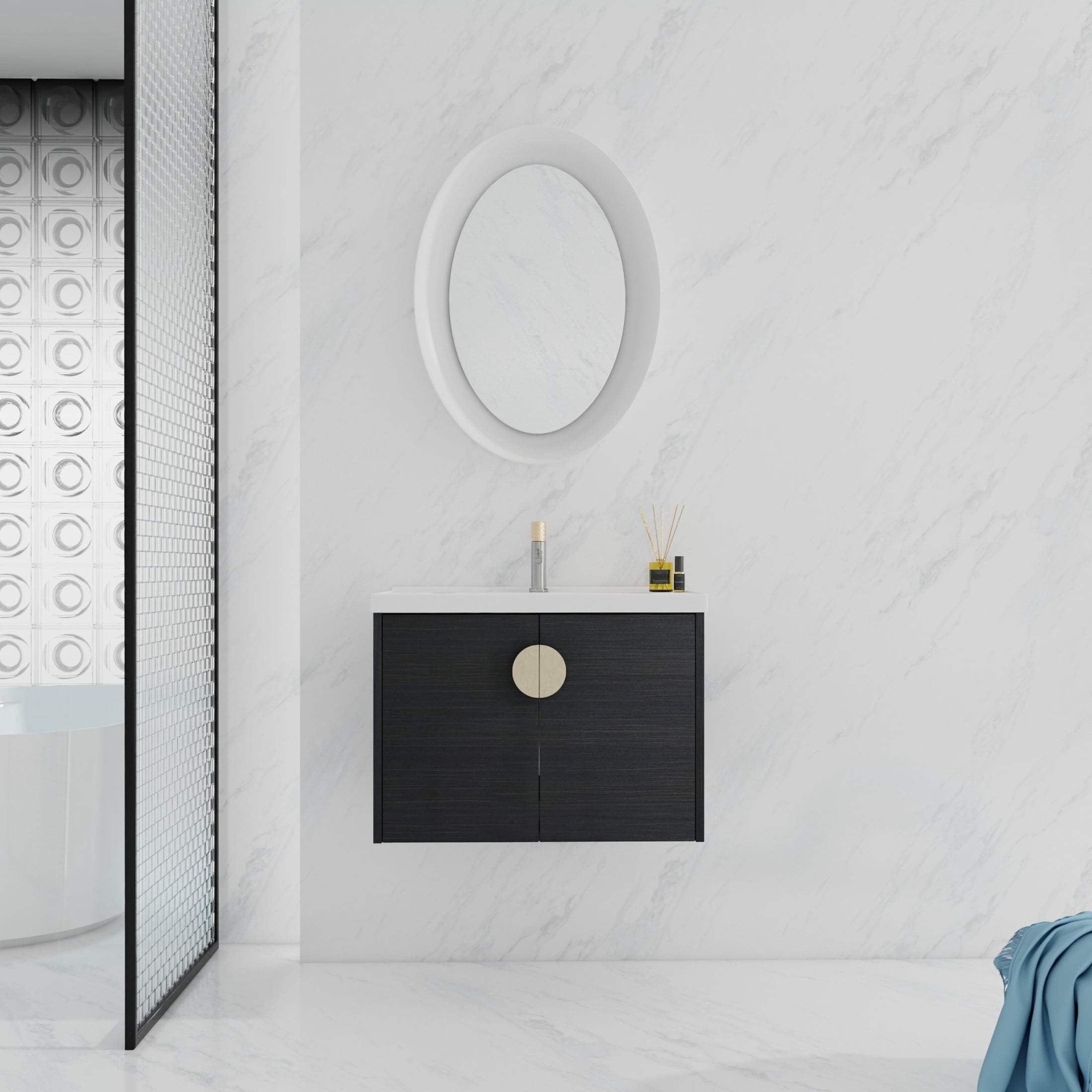 Noble House 24" Wall-Mounted Bathroom Vanity, Soft-Close Doors, Ceramic Sink, Metal Handles, Eco Plywood, Black