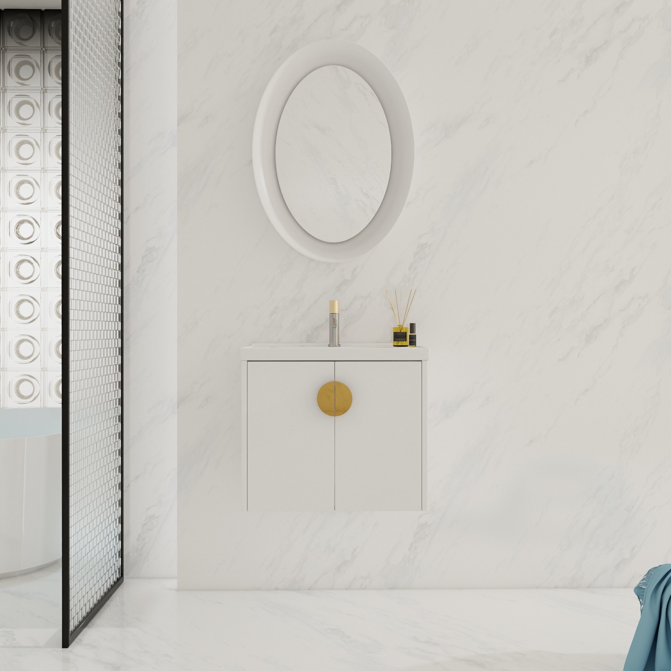 Noble House 24" Wall-Mounted Bathroom Vanity, Soft-Close Doors, Ceramic Sink, Metal Handles, Eco Plywood, Gloss White