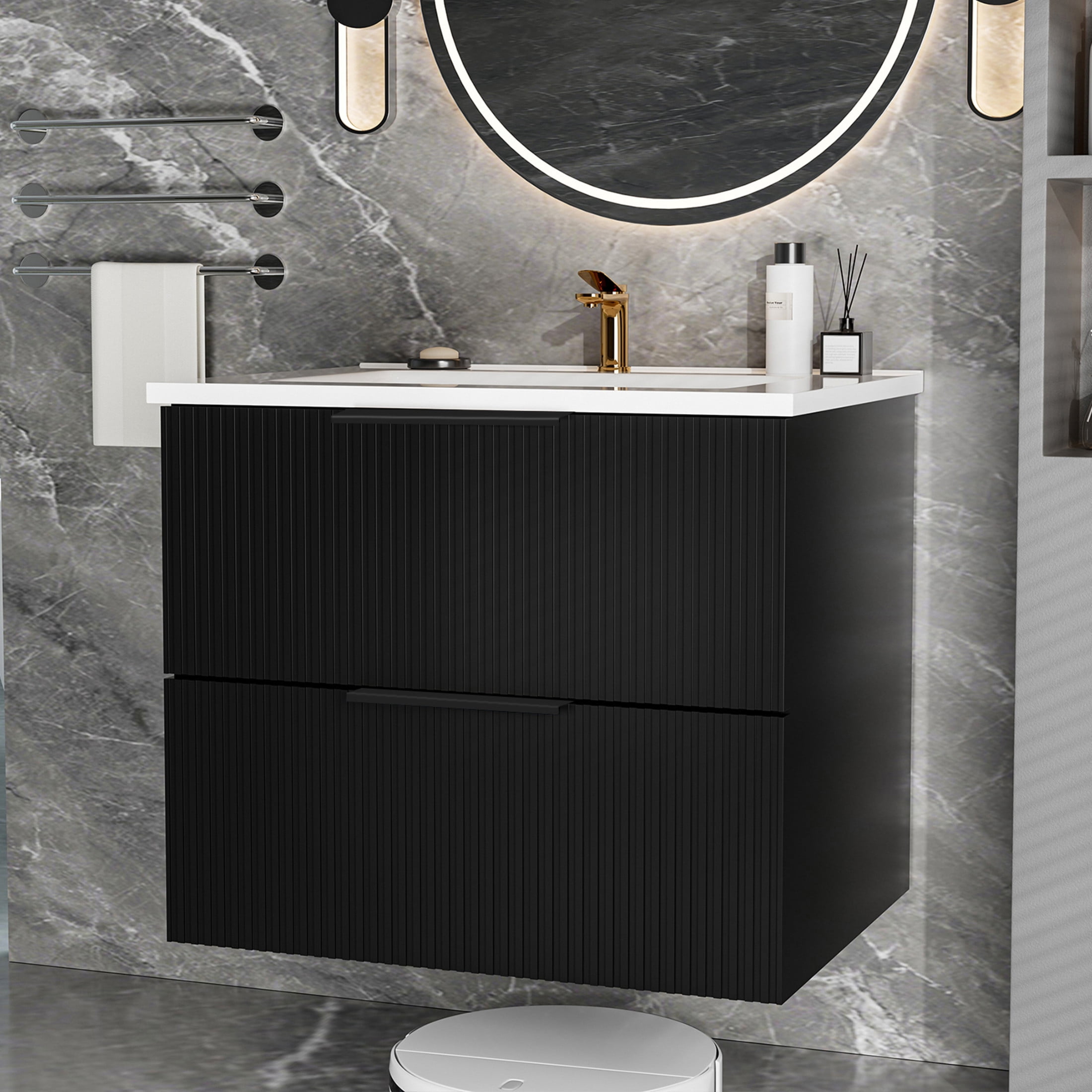 Noble House 24" Wall Mounted Floating Bathroom Vanity with Sink, 2 Drawers, Modern Cabinet, Matte Black