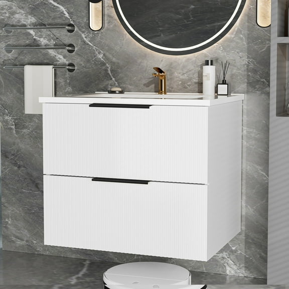 Noble House 24" Wall Mounted Floating Bathroom Vanity with Sink, 2 Drawers, Modern Cabinet, Matte White