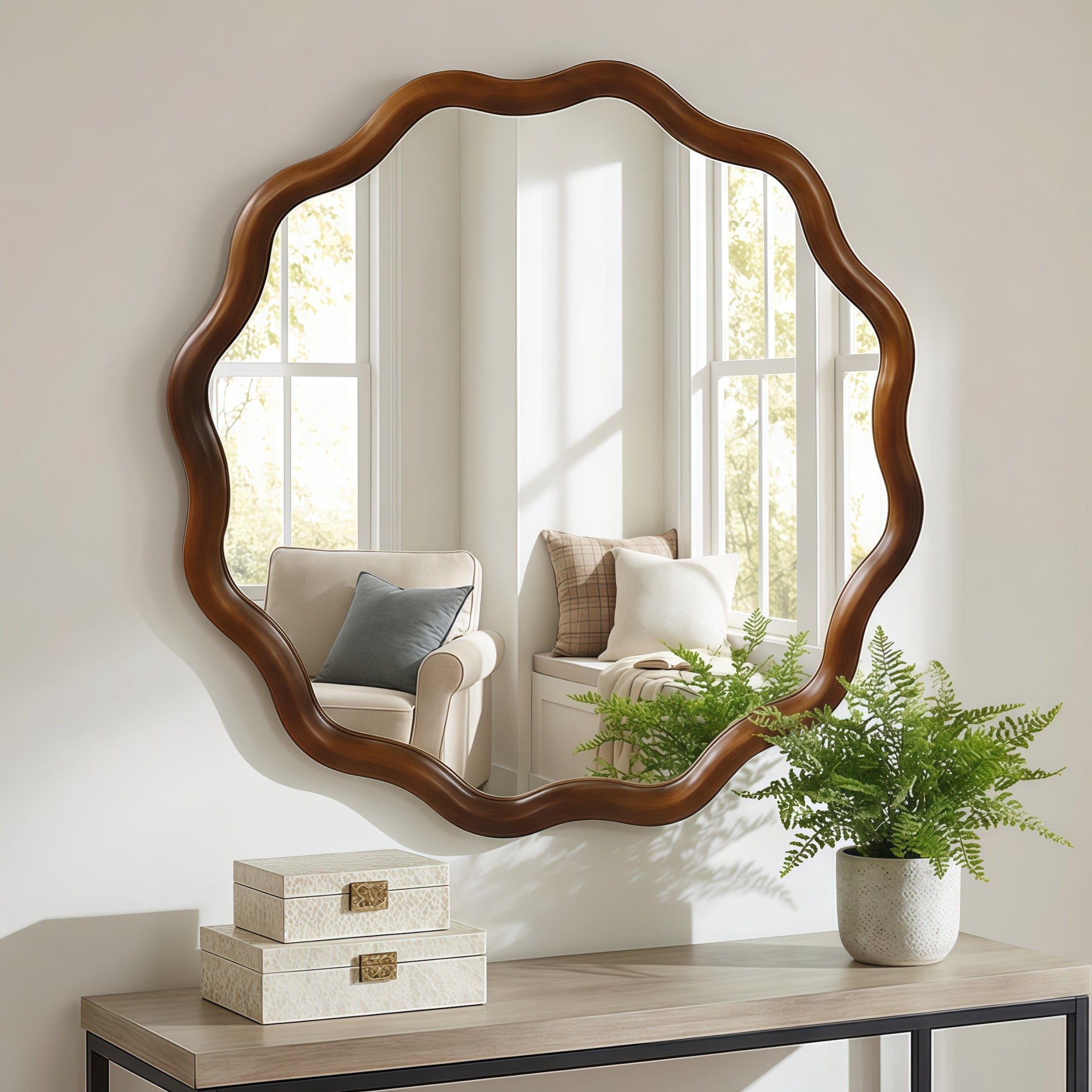 Noble House 24" Wavy Round Wall Mirror, Asymmetrical Solid Wood Decorative Accent Mirror for Entryway, Walnut