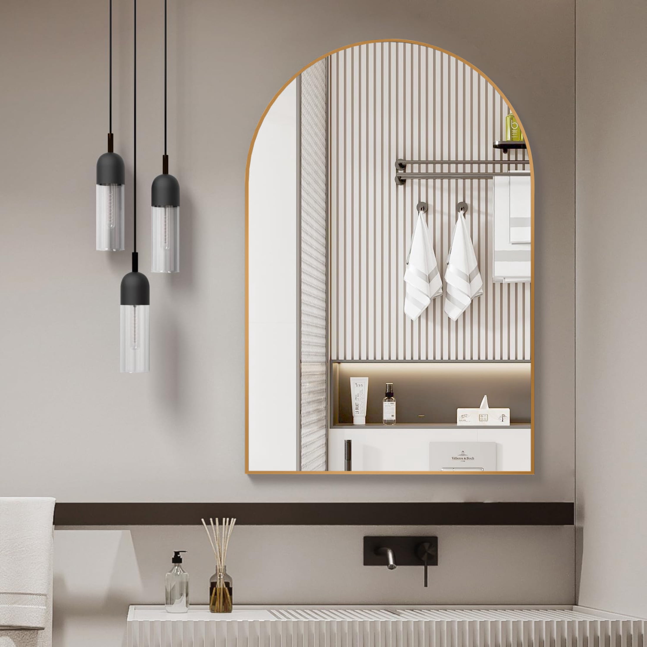 Noble House 24"x32" Arched Metal Wall Mirror, Vanity Mirror for Bathroom, Bedroom & Living Room, Gold