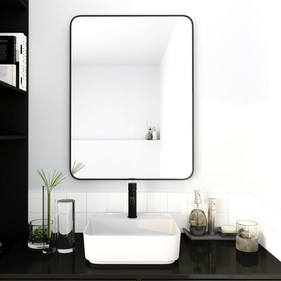 Noble House 24"x32" Bathroom Wall Mirror, Aluminum Frame, 4mm Glass, Vertical Mount, for Living Room, Entryway, Black