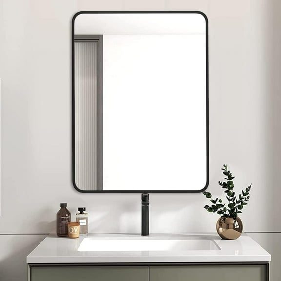 Noble House 24"x32" Rectangular Bathroom Wall Mirror, Aluminum Alloy Frame, HD Shatterproof Glass, Black