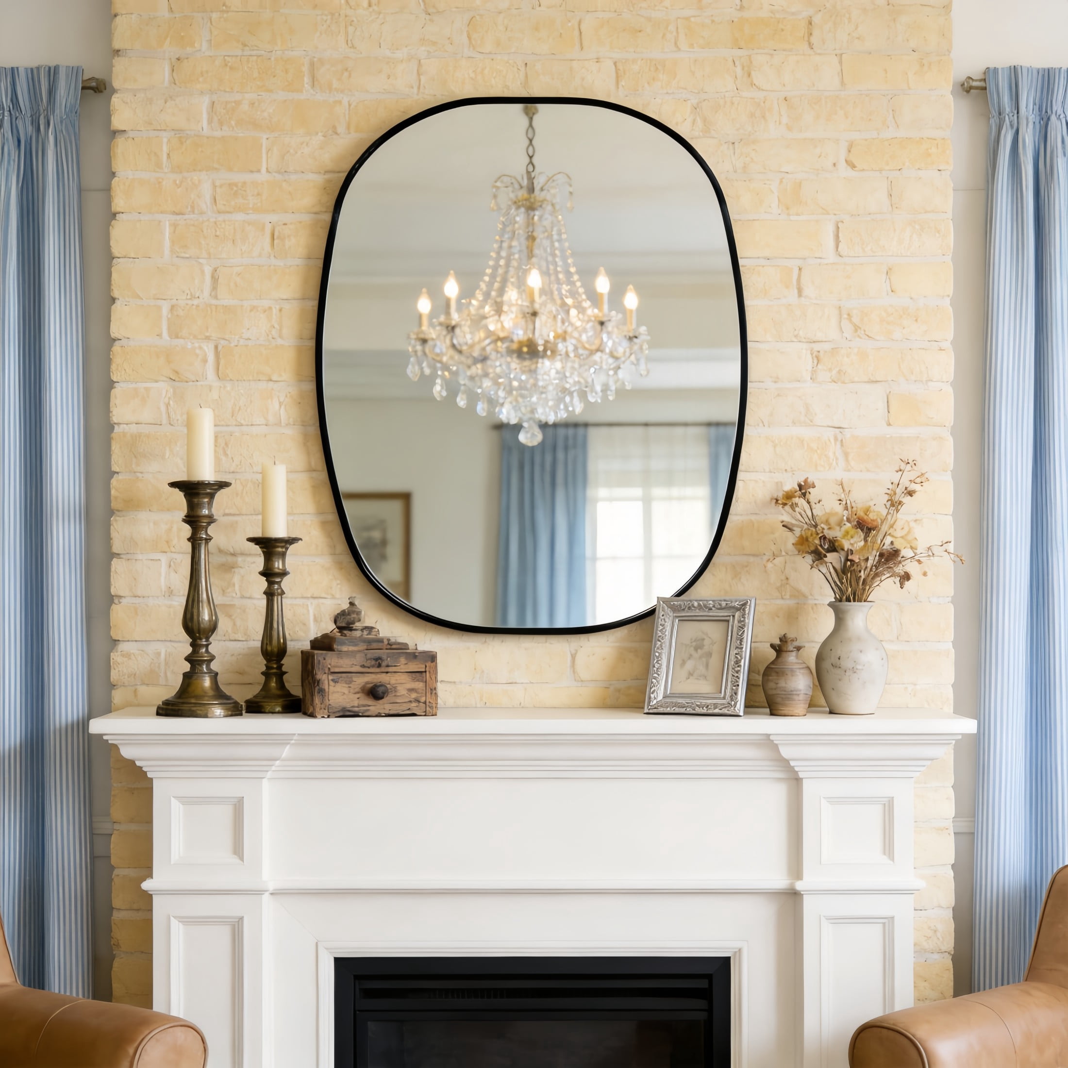 Noble House 24"x32" Unique Metal Framed Oval Wall Mirror, Modern Oblong Vanity Mirror for Bathroom & Entryway, Black