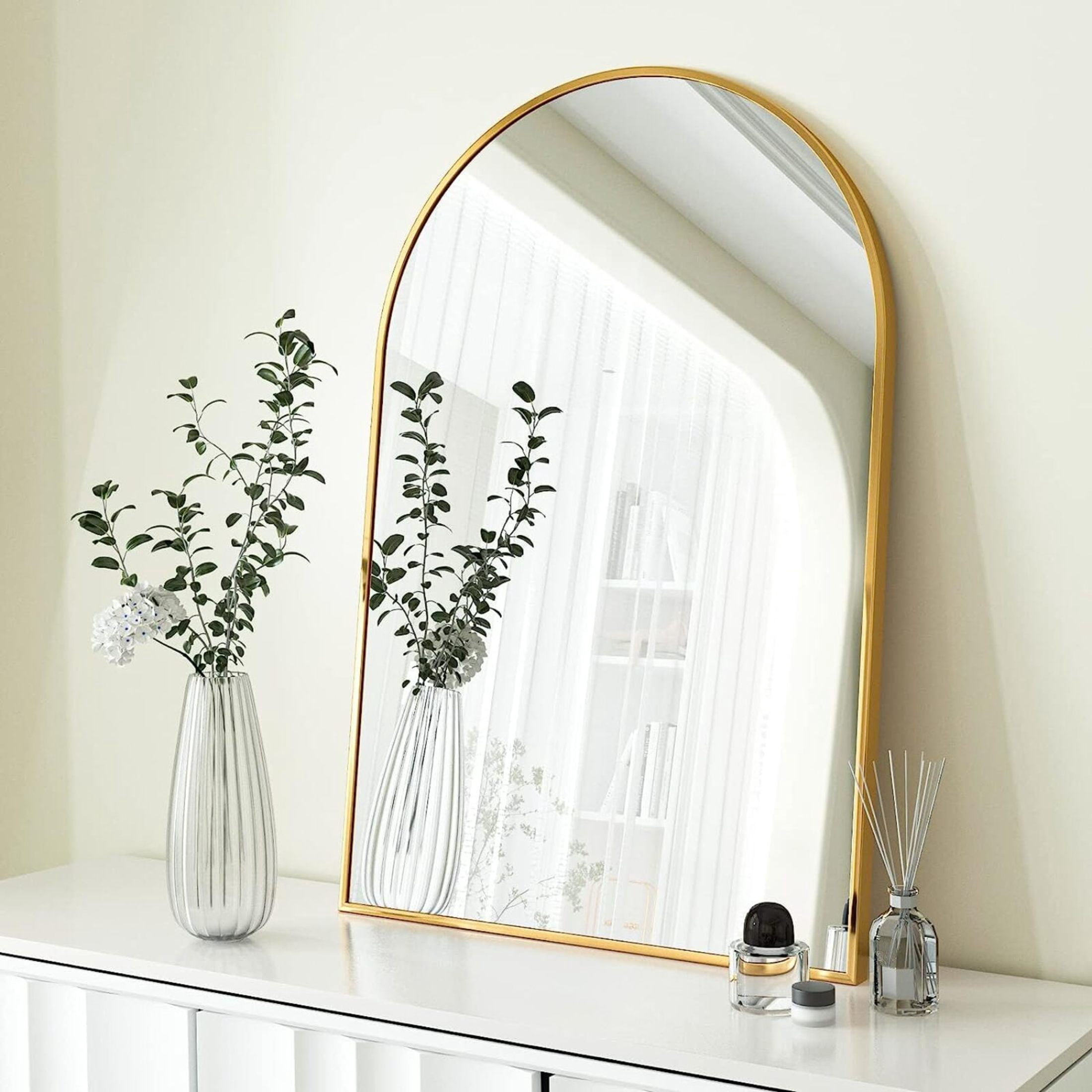 Noble House 24"x36" Arched Metal Wall Mirror, Vanity Mirror for Bathroom, Bedroom & Living Room, Gold