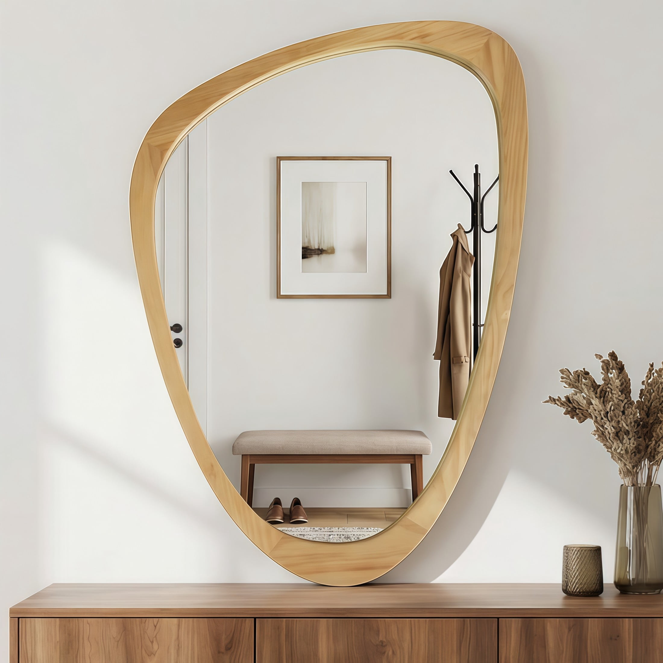 Noble House 24"x36" Irregular Solid Wood Wall Mirror, Modern Asymmetric Decorative Accent Bathroom Mirror, Oak