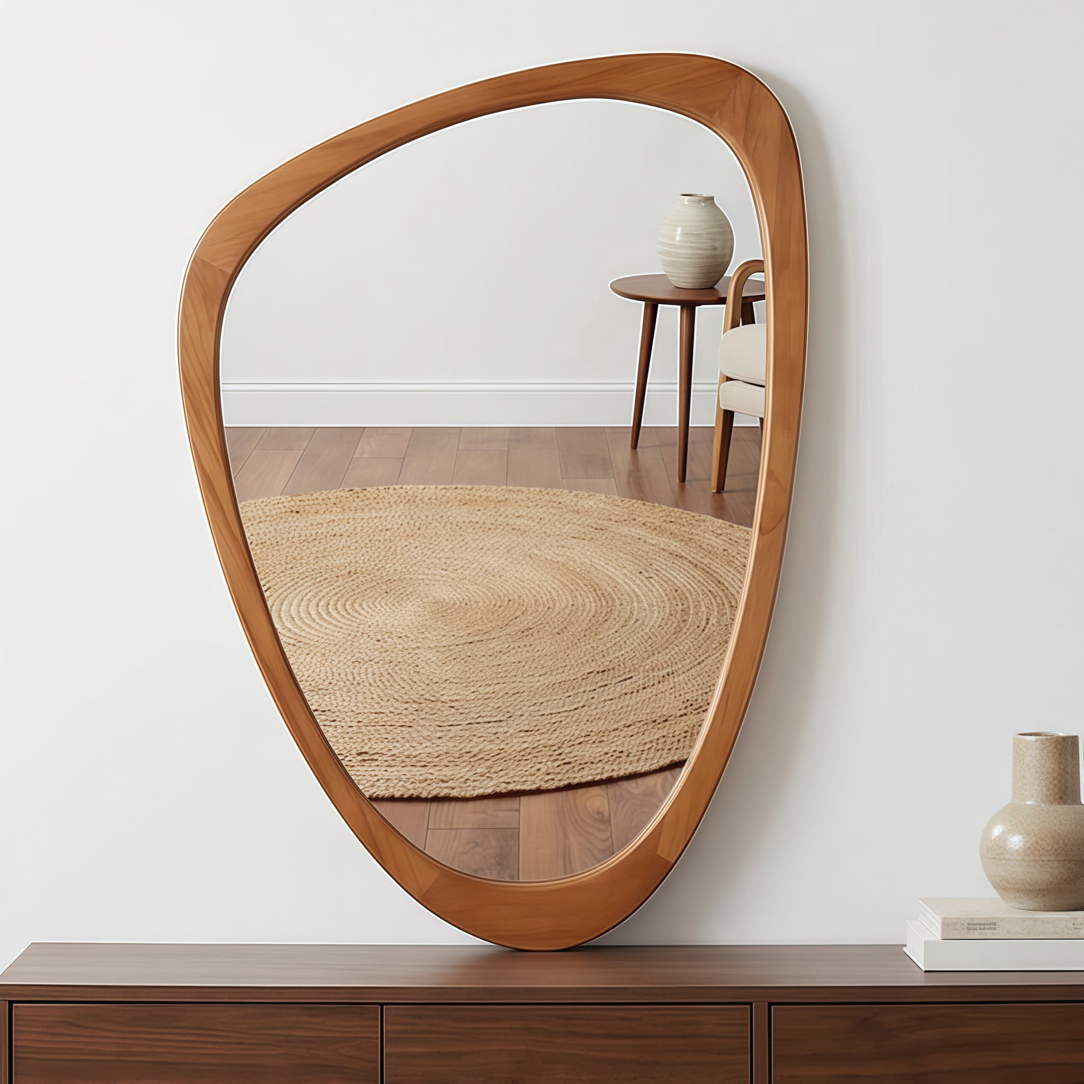 Noble House 24"x36" Irregular Solid Wood Wall Mirror, Modern Asymmetric Decorative Accent Bathroom Mirror, Yellowish Brown