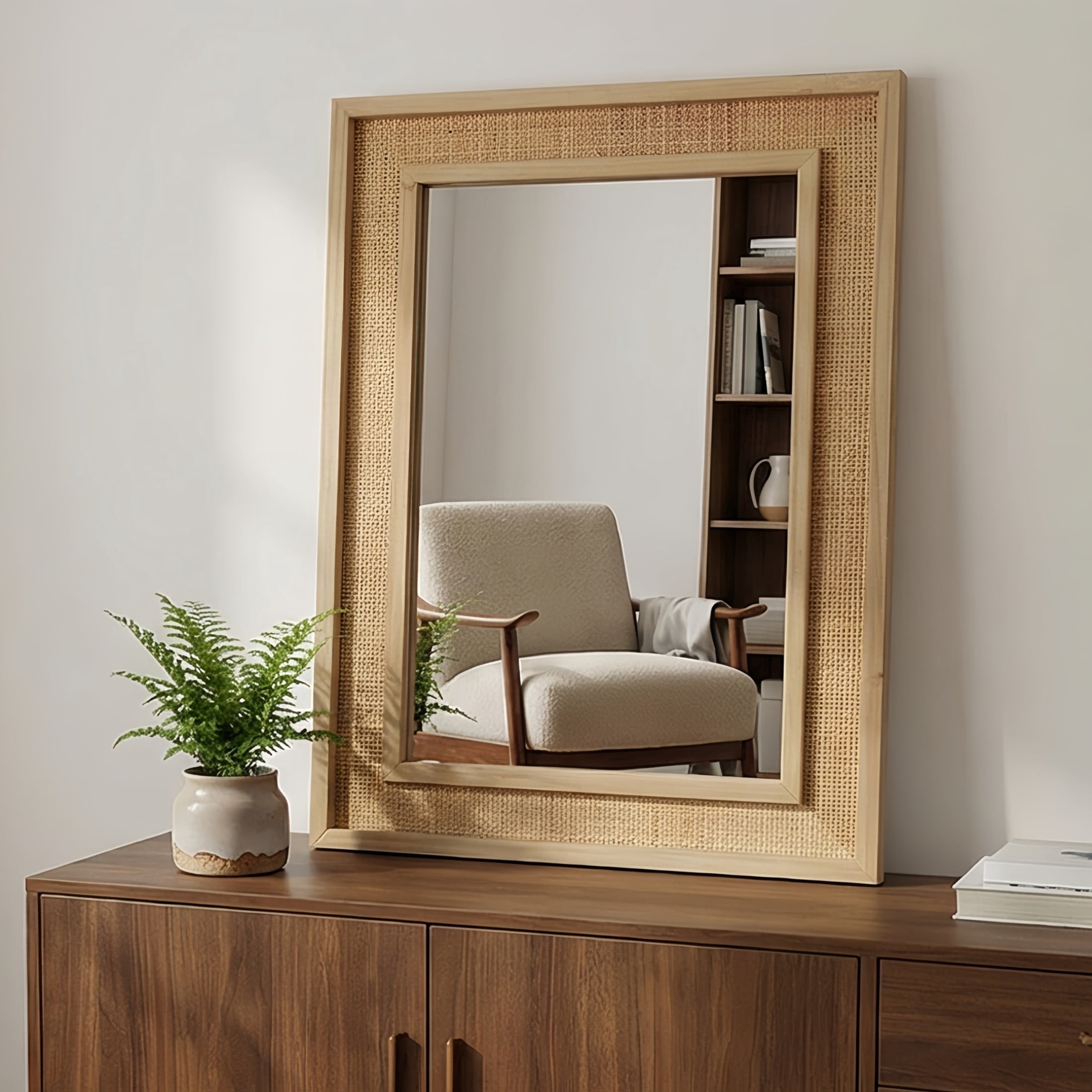 Noble House 24"x36" Rattan Rectangle Wall Mirror, Decorative Accent Bathroom Mirror with Solid Wood Frame, Natural Wood