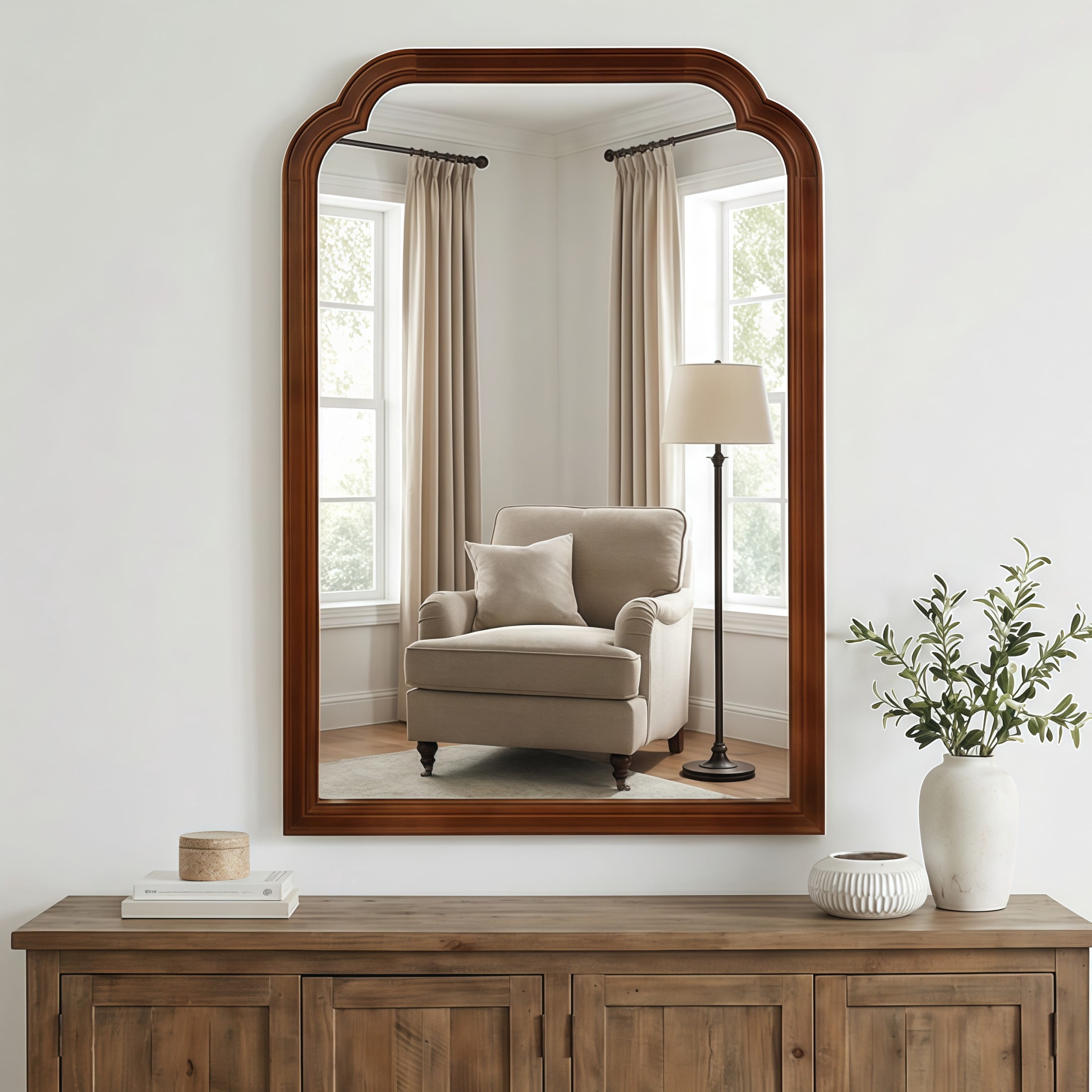 Noble House 24"x36" Rounded Corner Solid Wood Wall Mirror, Decorative Bathroom Rectangle Accent Mirror, Walnut