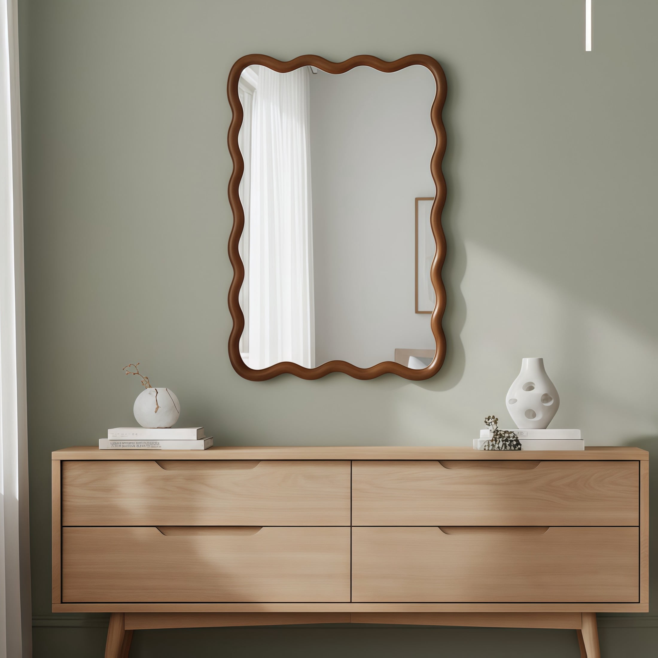 Noble House 24"x36" Wavy Rectangle Wall Mirror, Solid Wood Frame Decorative Accent Mirror for Entryway/Bathroom, Walnut