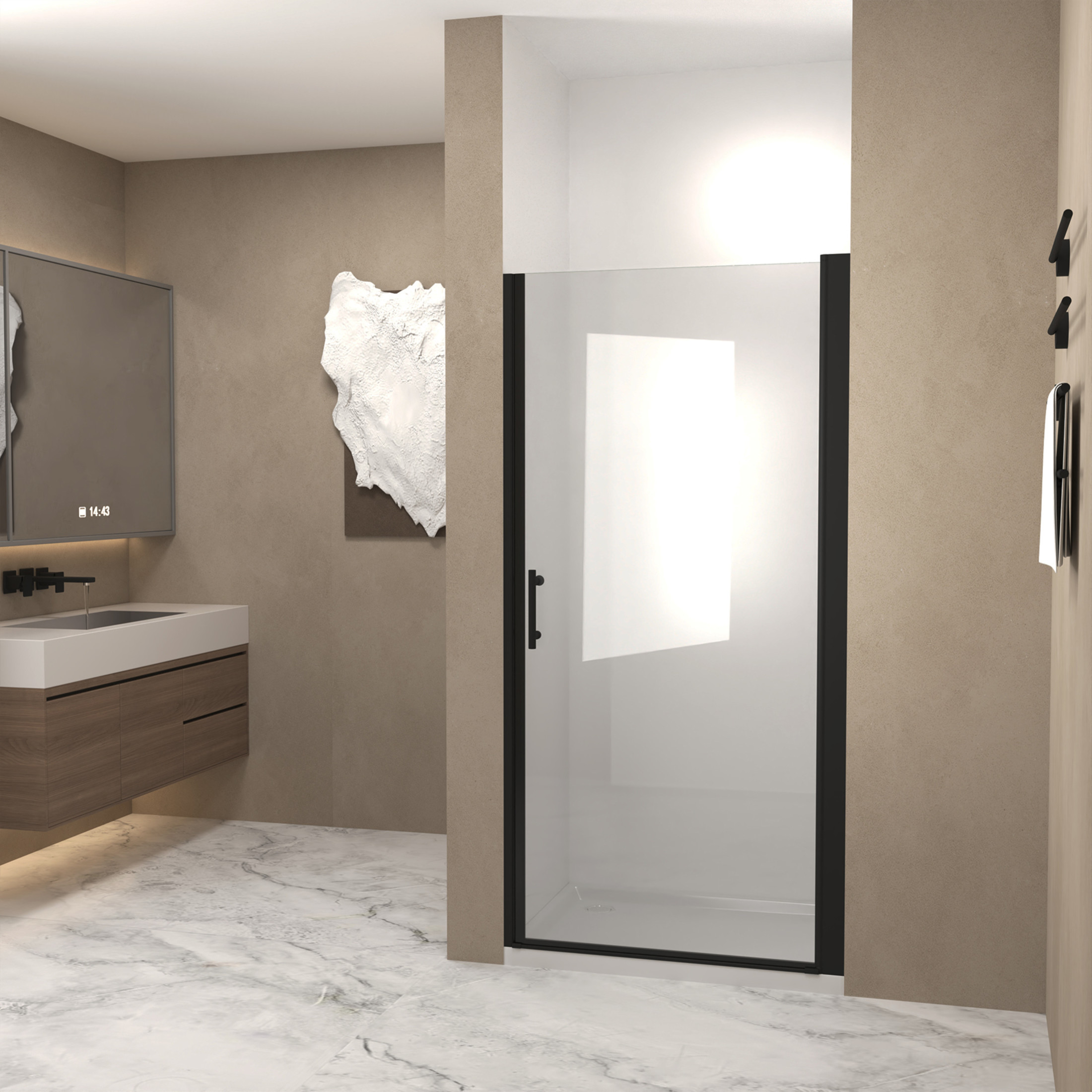Noble House 24"x72" Pivot Shower Door, Aluminum Frame with Tempered Glass, Matte Black Finish