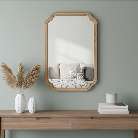 Noble House 24x36 Inch Rounded Corner Wall Mirror, Solid Wood Decorative Vanity Mirror, Natural