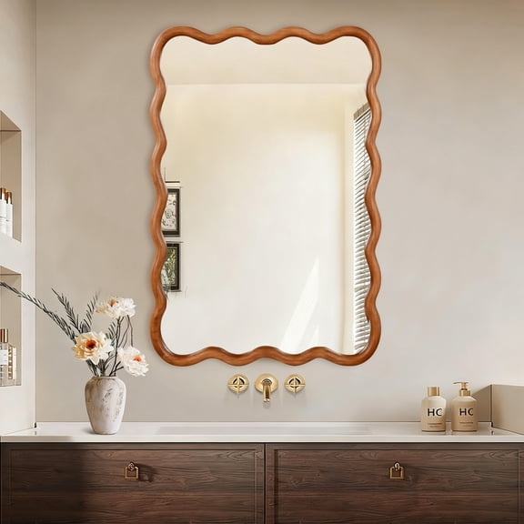 Noble House 24x36 Inch Wavy Rectangle Wall Mirror, Solid Wood Decorative Vanity Mirror, Yellow Brown