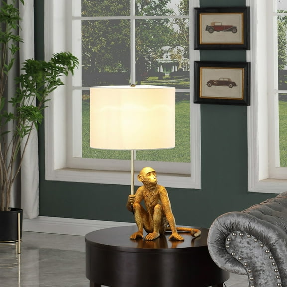 Noble House 25.5" Golden Monkey Table Lamp, Polyresin Figurine, Modern White Drum Shade, E26 Light Bulb, Gold