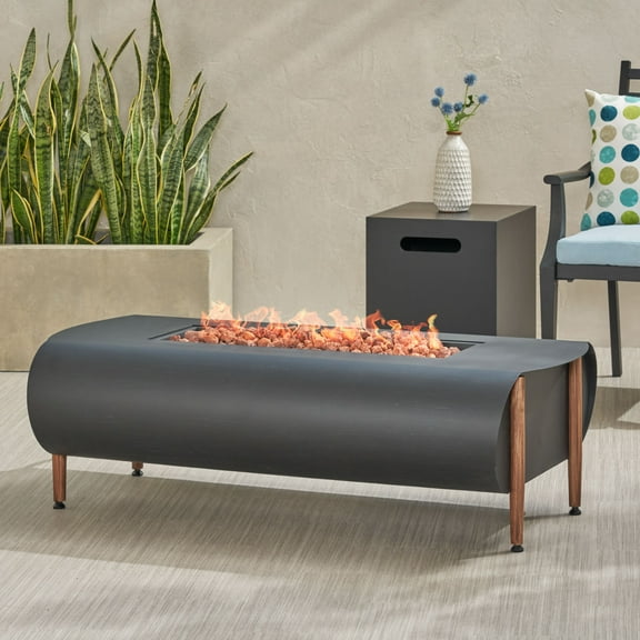 Noble House 25.5" x 50" 50000 BTU Propane Dark Gray Finish Resin, Metal and Iron Fire Pit