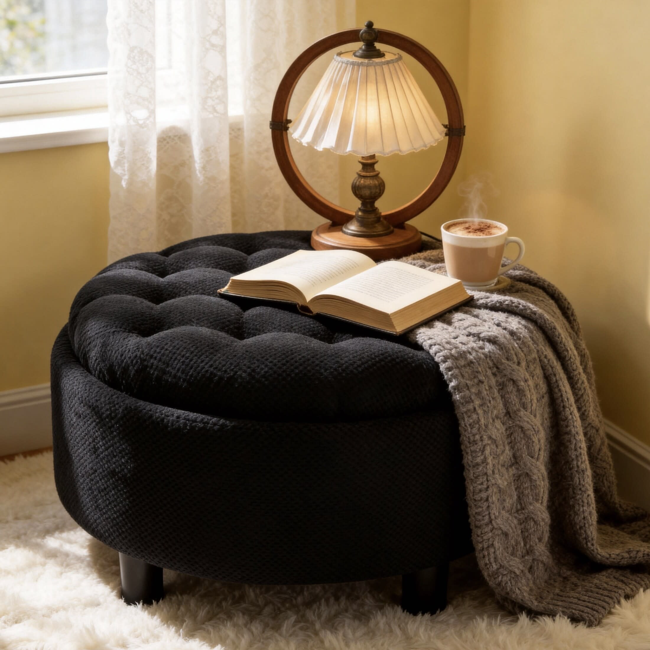 Noble House 25" Round Storage Ottoman with Removable Tray Top, Upholstered Coffee Table, Black