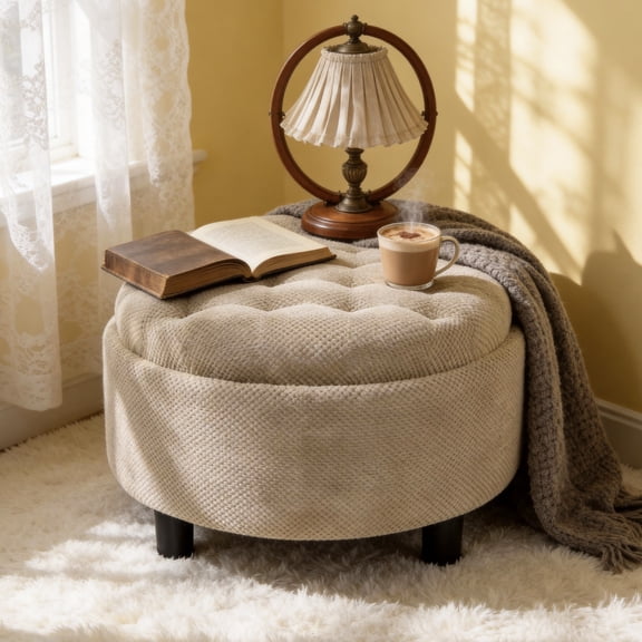 Noble House 25" Round Storage Ottoman with Removable Tray Top, Upholstered Coffee Table, Camel