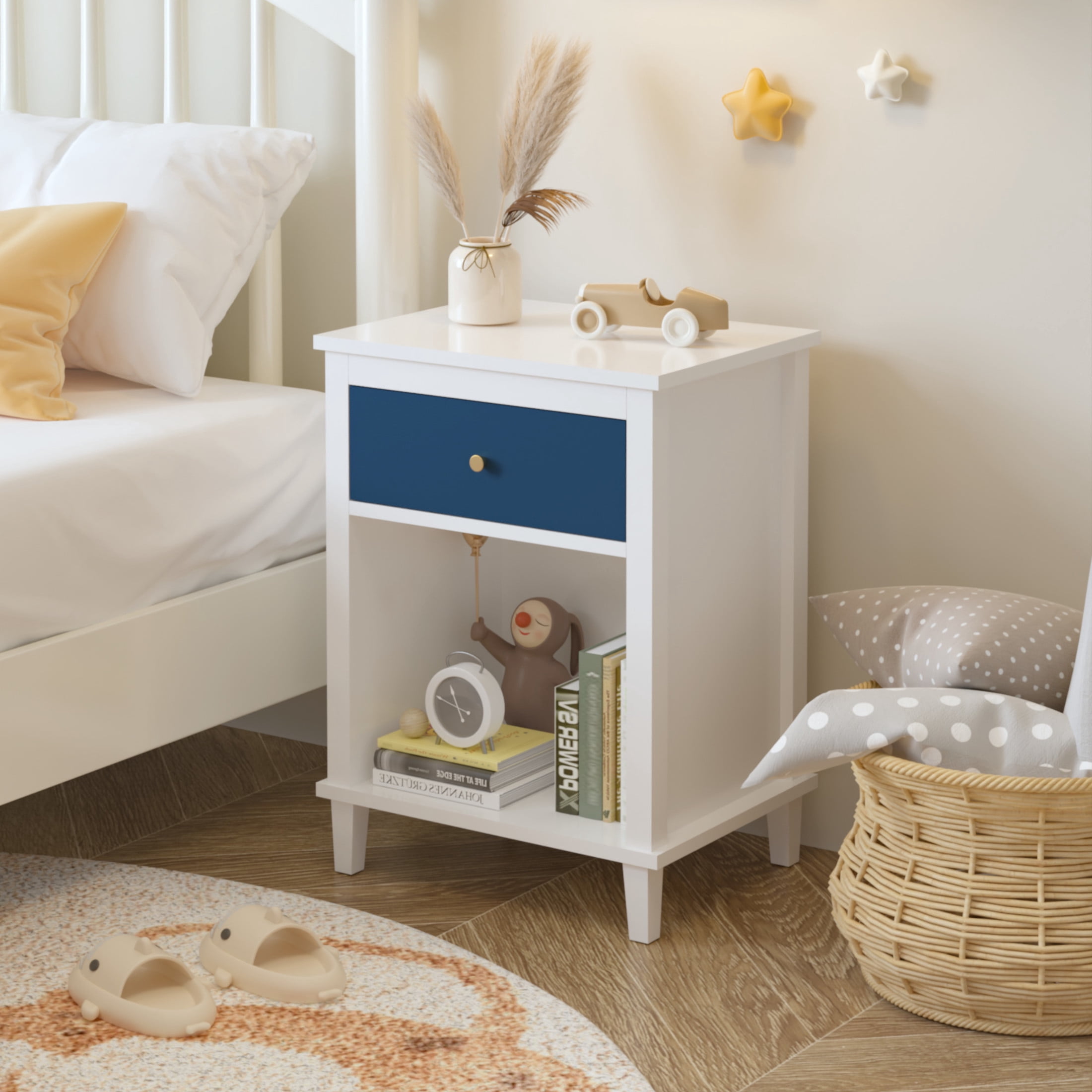 Noble House 26.8" Kids and Adults Wooden Nightstand, 1-Drawer  Bedside Table with Shelf, Silver Handle, White & Navy