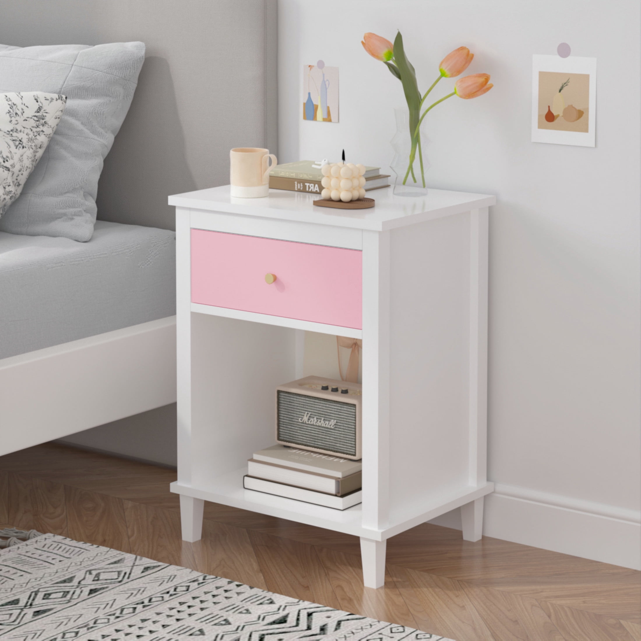 Noble House 26.8" Kids and Adults Wooden Nightstand, 1-Drawer  Bedside Table with Shelf, Silver Handle, White & Pink
